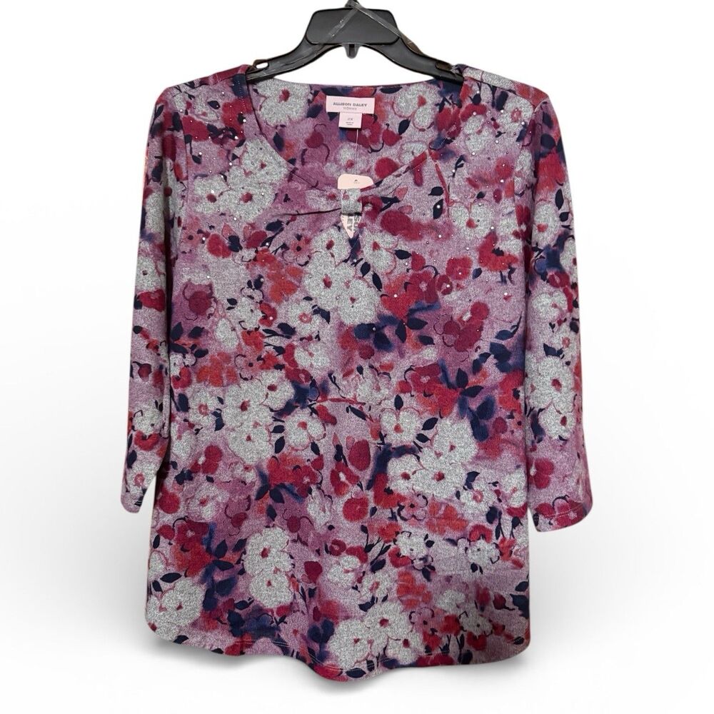 NWT Allison Daley Floral Print Shirt | 2XL |Quarter Length Sleeve |Rhinestones
